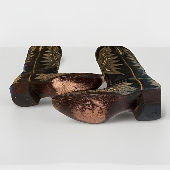 Womans Lucchese M3582 Black Crackle Lazer Design Bone Inlay Cowboy Boots 9.5 B - Picture 6 of 13